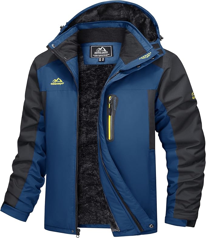 Men's waterproof windproof parka with fleece lining, hooded outdoor hiking jacket in neutral tone