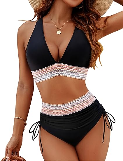 Women's high-waist tummy control bikini with push-up cups, flattering wide band and lace detail