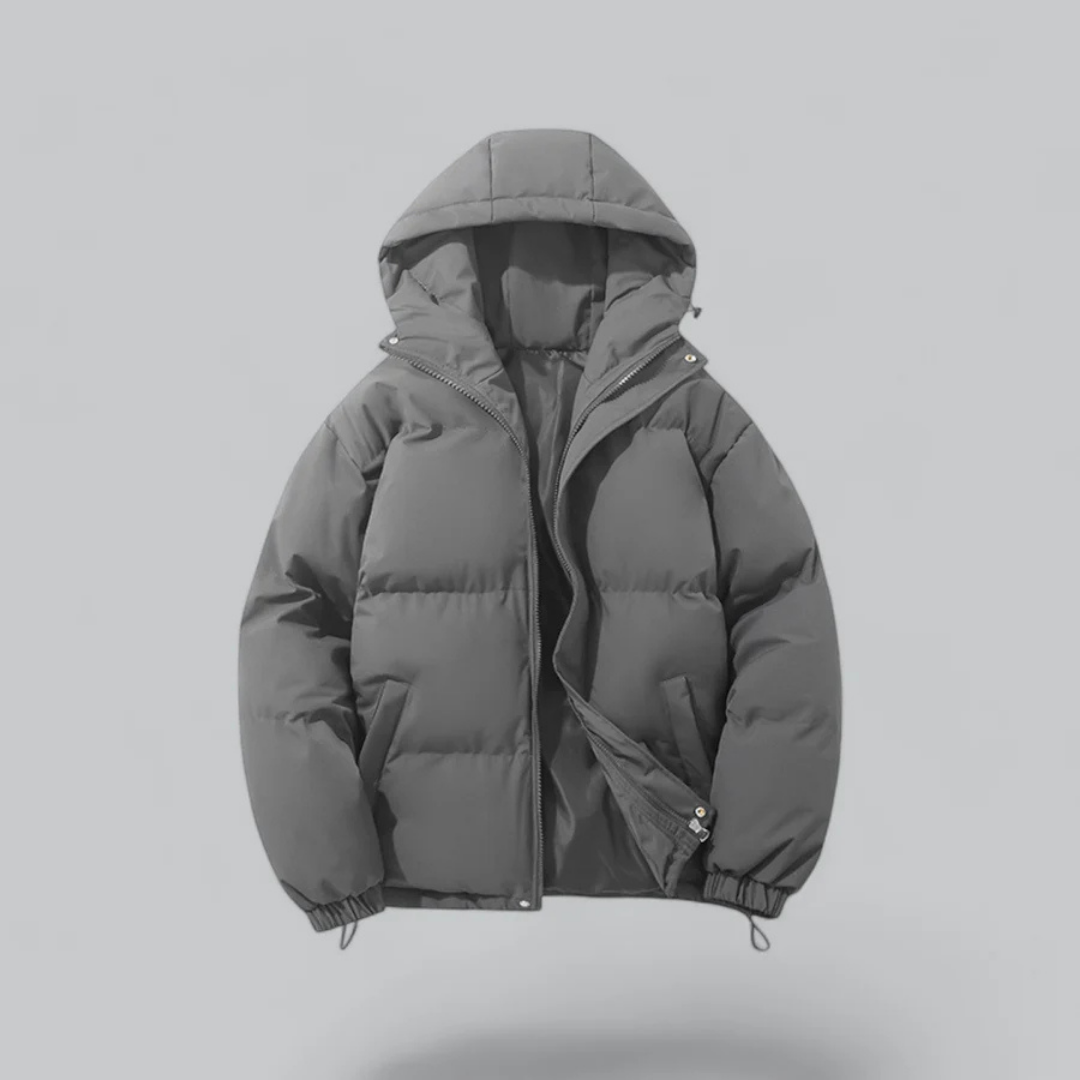 Unisex hooded puffer jacket black quilted padded silhouette urban winter cold-weather essential