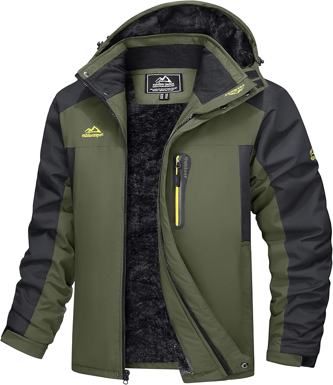 Dark waterproof windproof parka with cozy fleece lining and practical hood for hikers