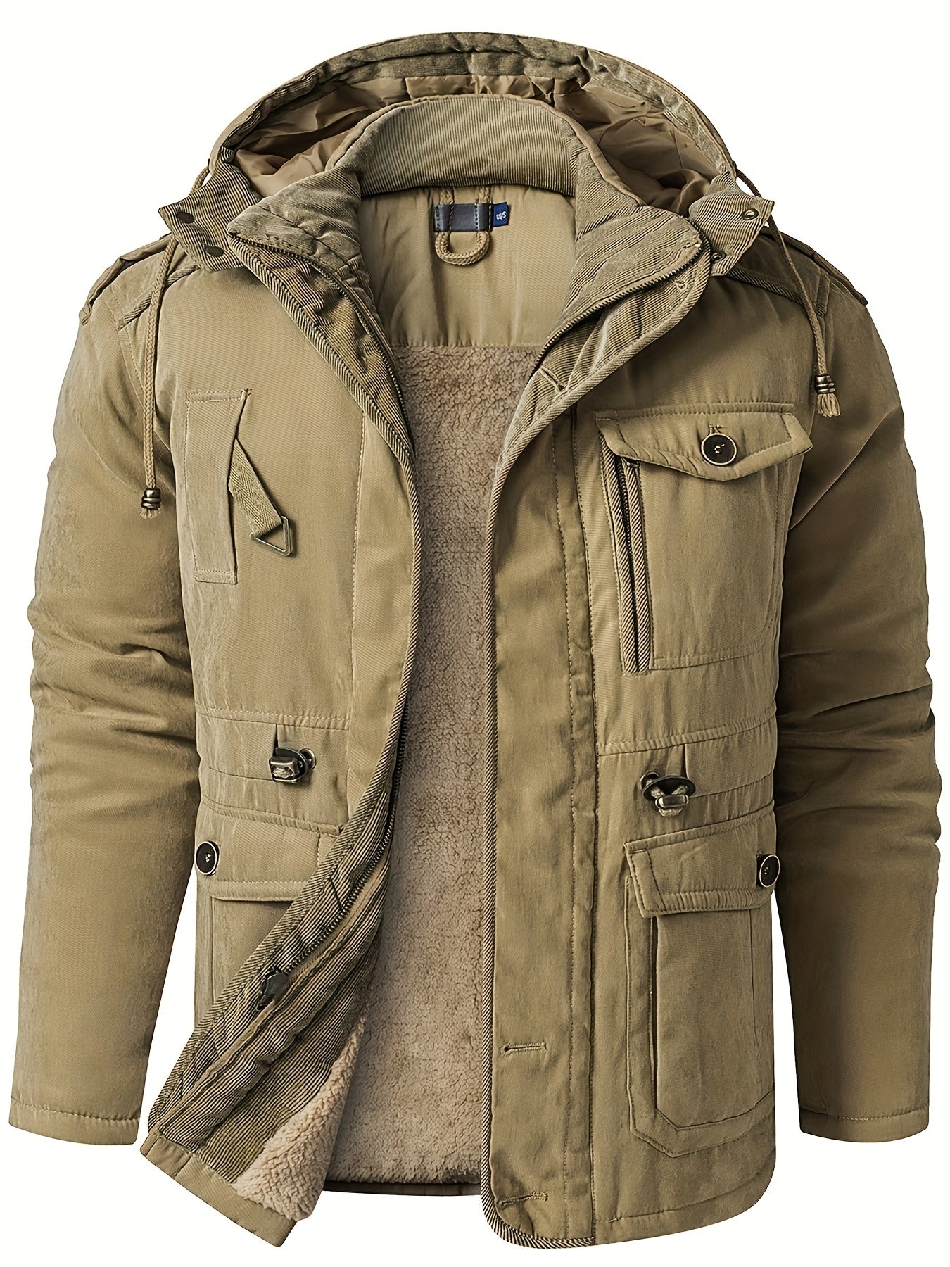 Men's thick insulated hooded utility jacket in neutral tones, rugged winter style with cozy padding