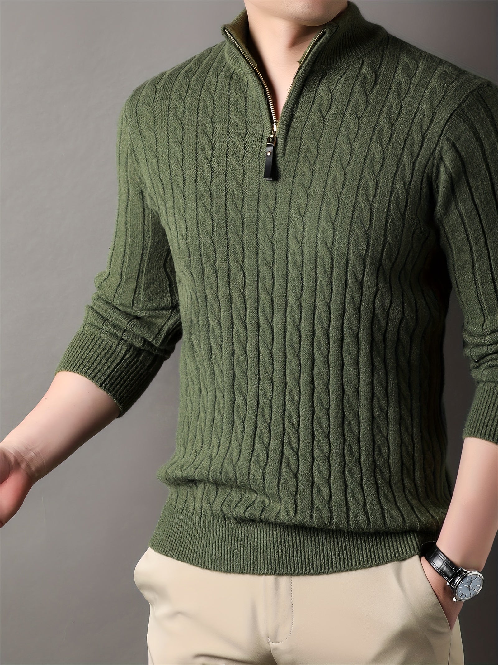 Men's ribbed cable knit winter sweater half-zip collar, warm comfort fit in classic neutral tone