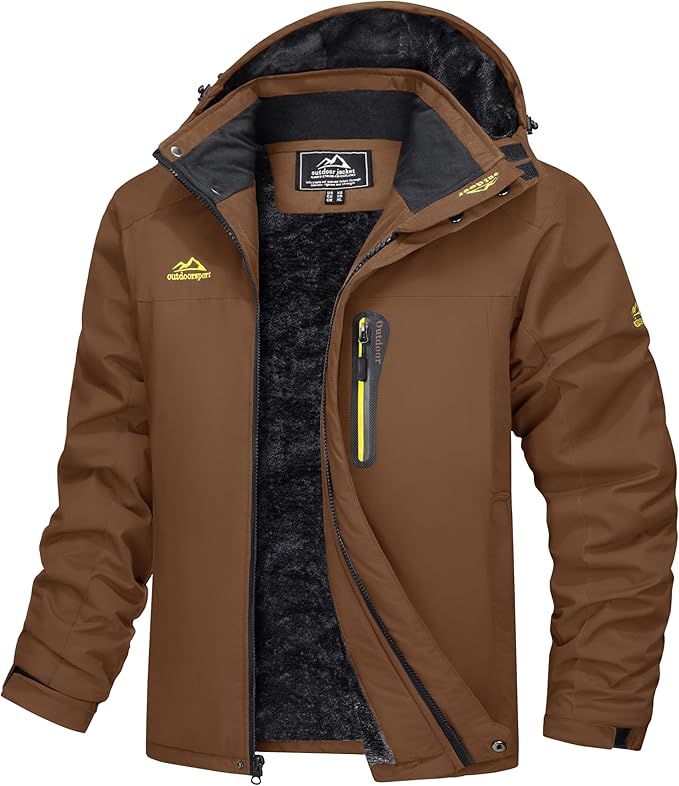 Dark waterproof windproof parka fleece-lined hooded outdoor jacket for hikers and commuters