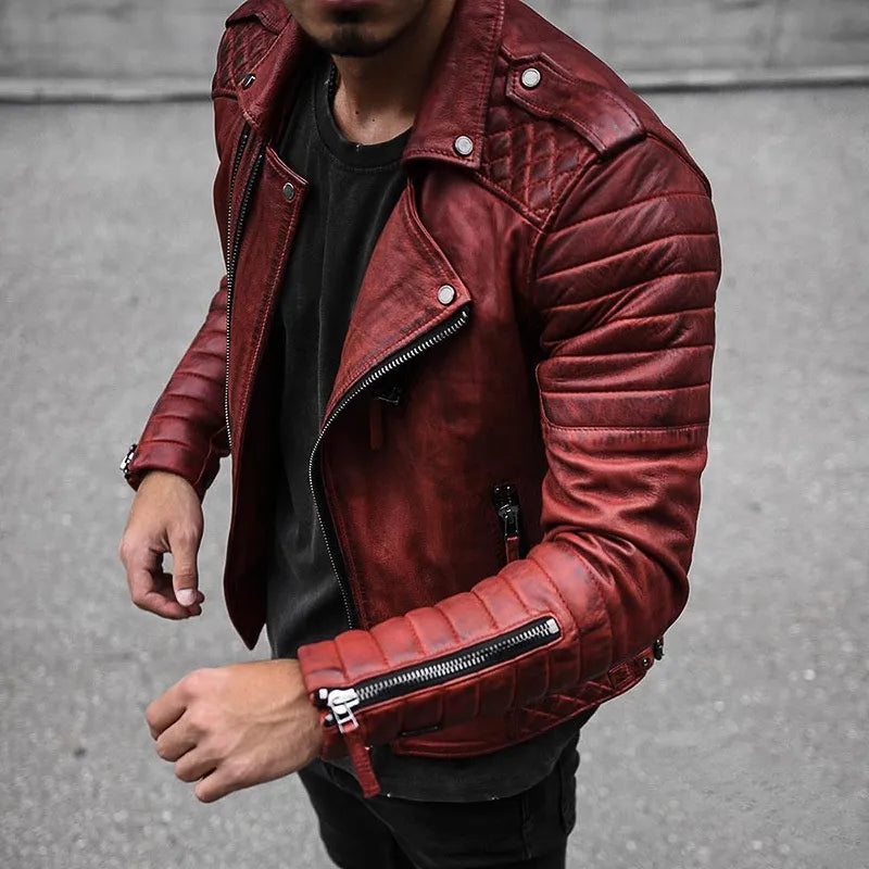 Black men's fitted biker jacket with metallic hardware and structured silhouette for urban style