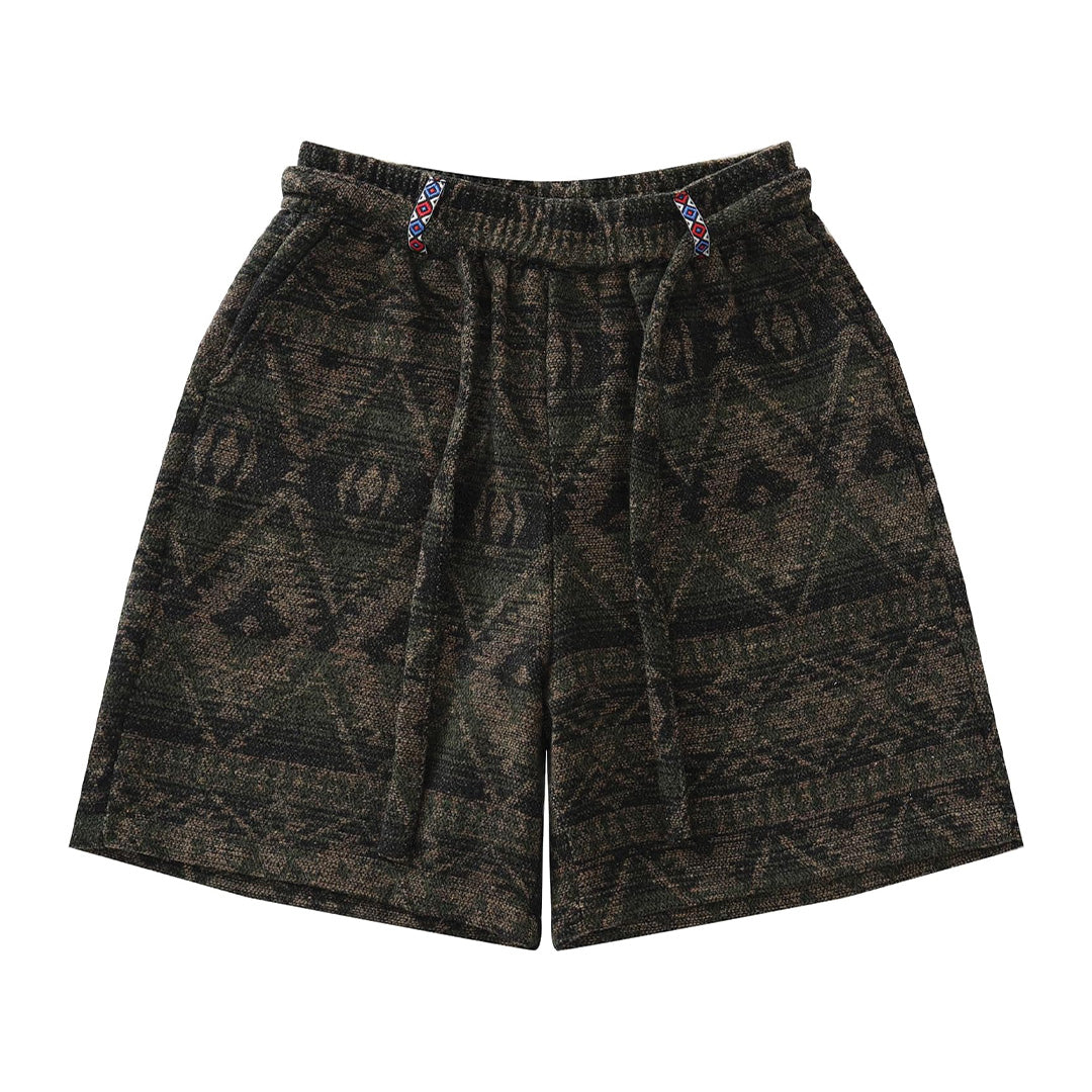 Men's bold tribal pattern knit jogger shorts in multicolor with elastic waistband and drawstring
