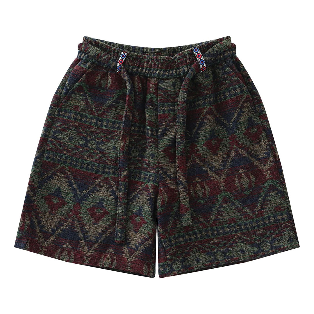 Men's bold tribal pattern knit jogger shorts in multicolor with elastic waistband and drawstring