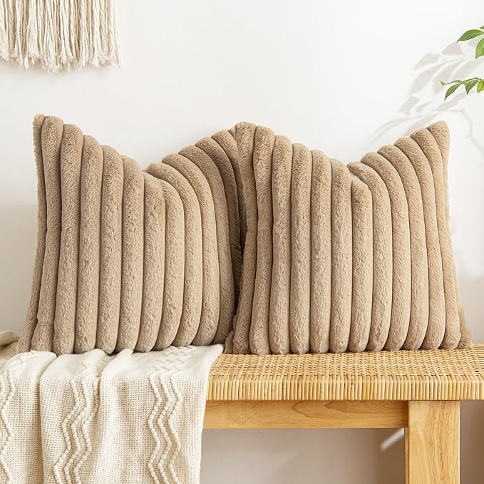 Faux rabbit fur throw pillow cover set 5-piece velvet reversible neutral tones hidden zipper modern