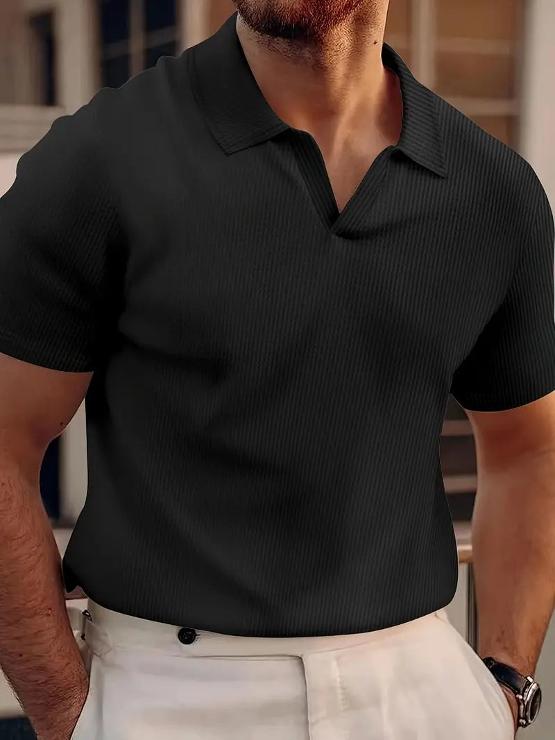 Men's ribbed knit polo shirt short sleeve V-neck cotton blend textured smart-casual essential