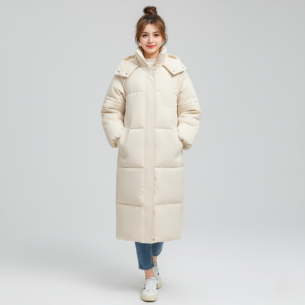 Women's oversized long quilted puffer trench coat with hood for winter warmth