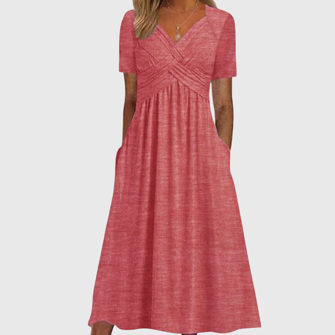 Gabriella women's V-neck pleated front dress with flattering silhouette in elegant versatile style