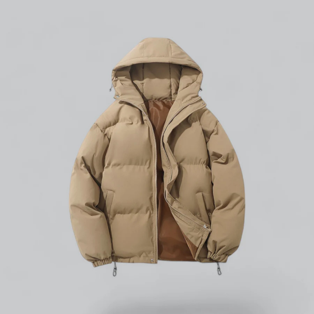 Unisex hooded puffer jacket black padded silhouette urban winter style cold-weather essential