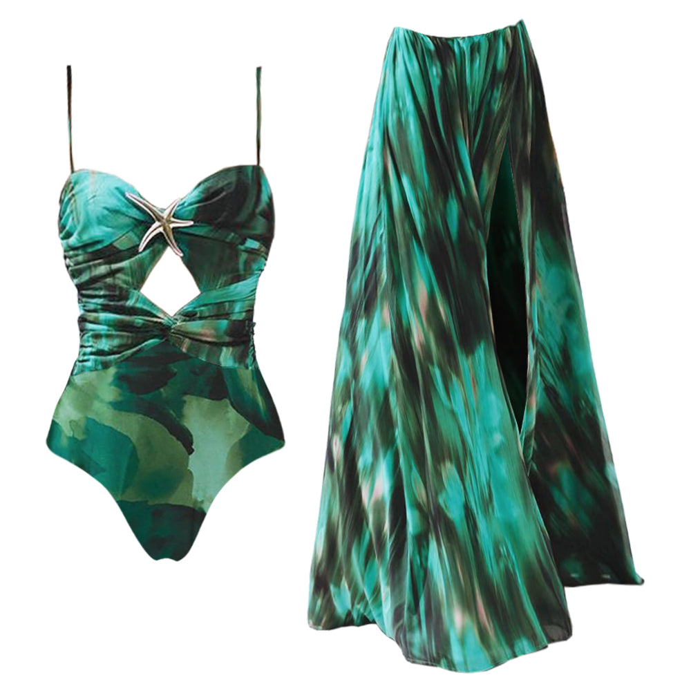 Green starfish print ruched one-piece swimsuit and skirt set with high-slit flowy cover-up