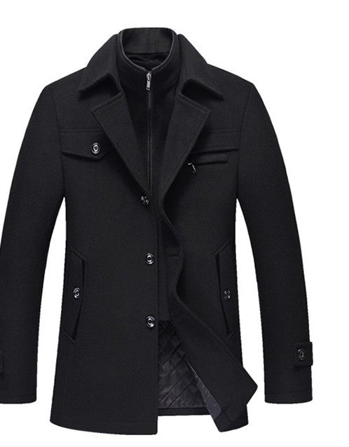 Men's slim-fit charcoal wool coat with detachable collar for structured winter warmth