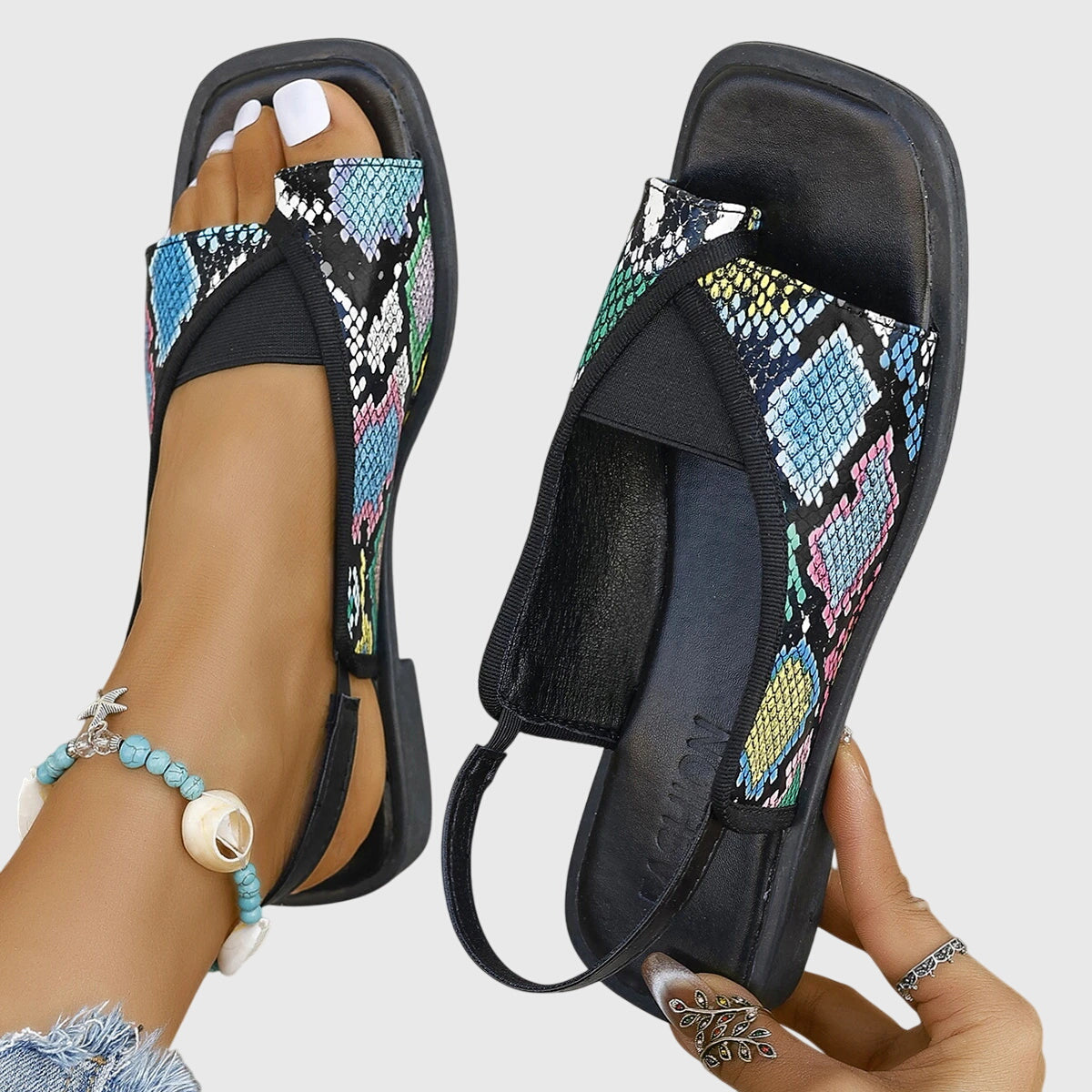 Zara | Women's Square Toe Colorblock Slip-On Flat Sandals