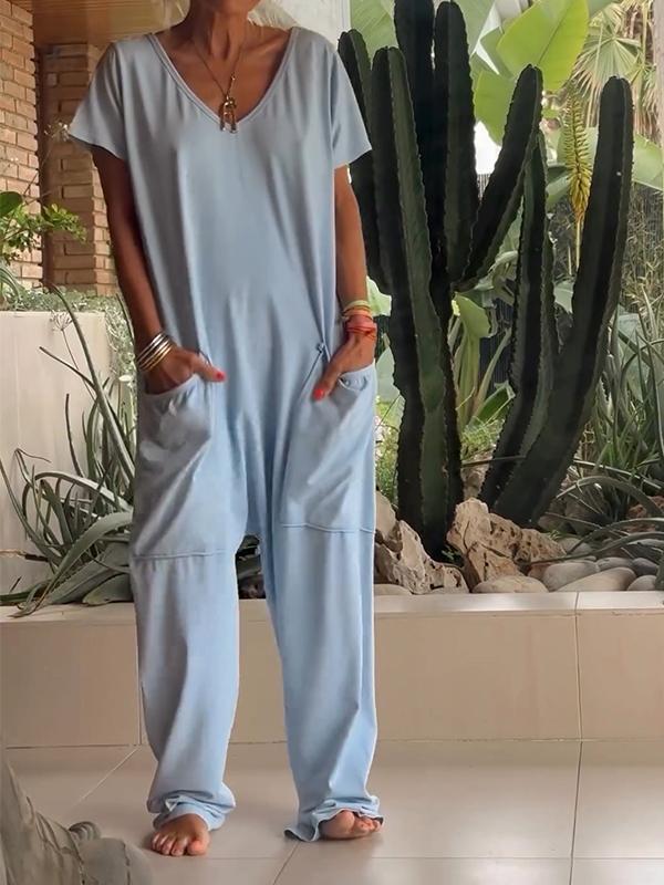 Women's cotton casual V-neck jumpsuit solid color short sleeve one-piece warm-weather comfort