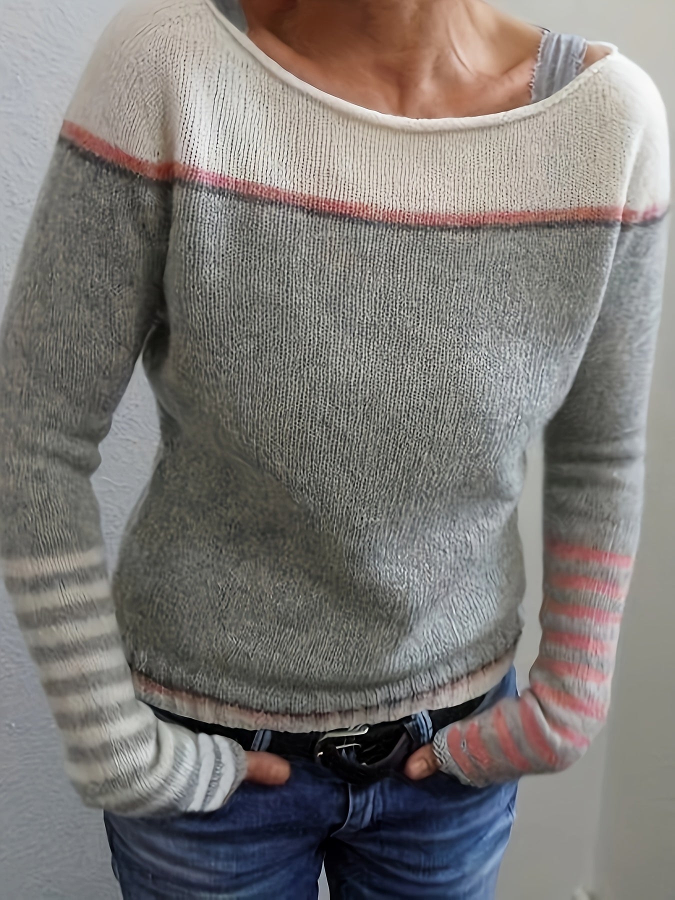 Women's lightweight striped knit sweater relaxed fit with flattering neckline for easy layering
