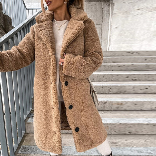 Women's beige plush teddy jacket casual cozy fit ultra-soft fabric everyday warmth