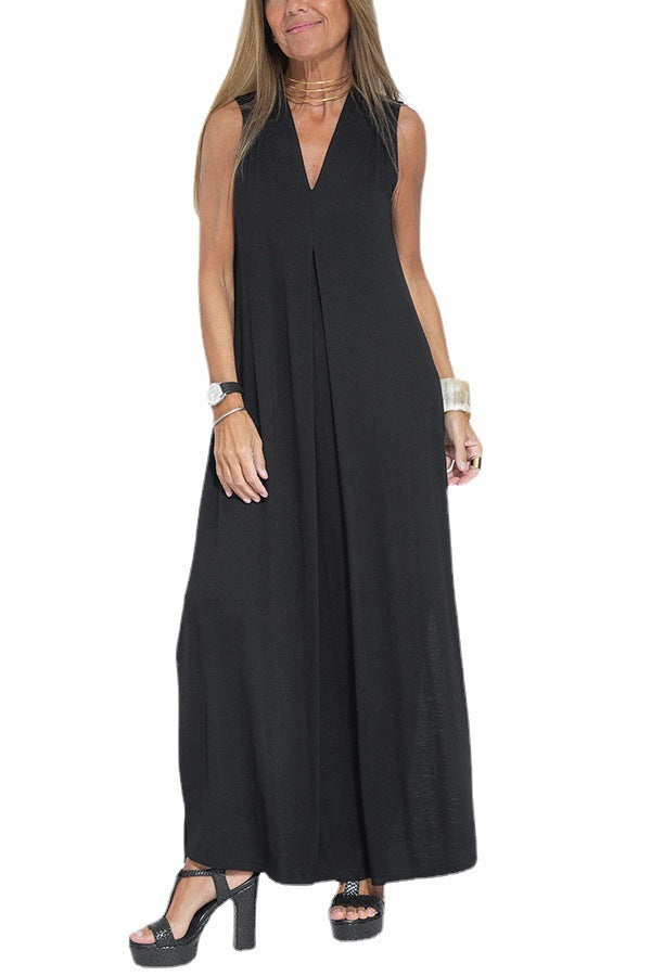 Women's sleeveless long dress with flowy cardigan two-piece set, elegant midseason polyester ensemble