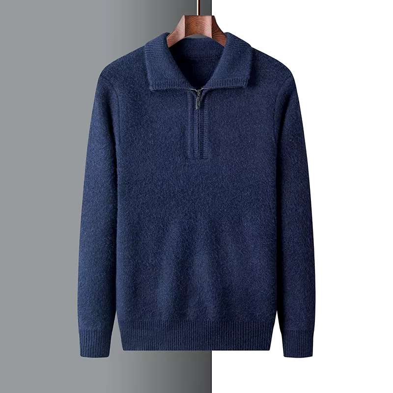 Men's grey regular fit soft knit sweater with short zip and flat collar, modern minimalist style