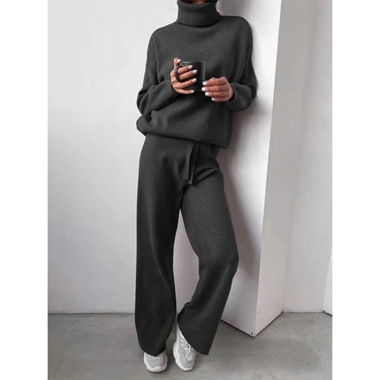 Women's solid color turtleneck knit sweater set with straight-leg pants, cozy casual suit