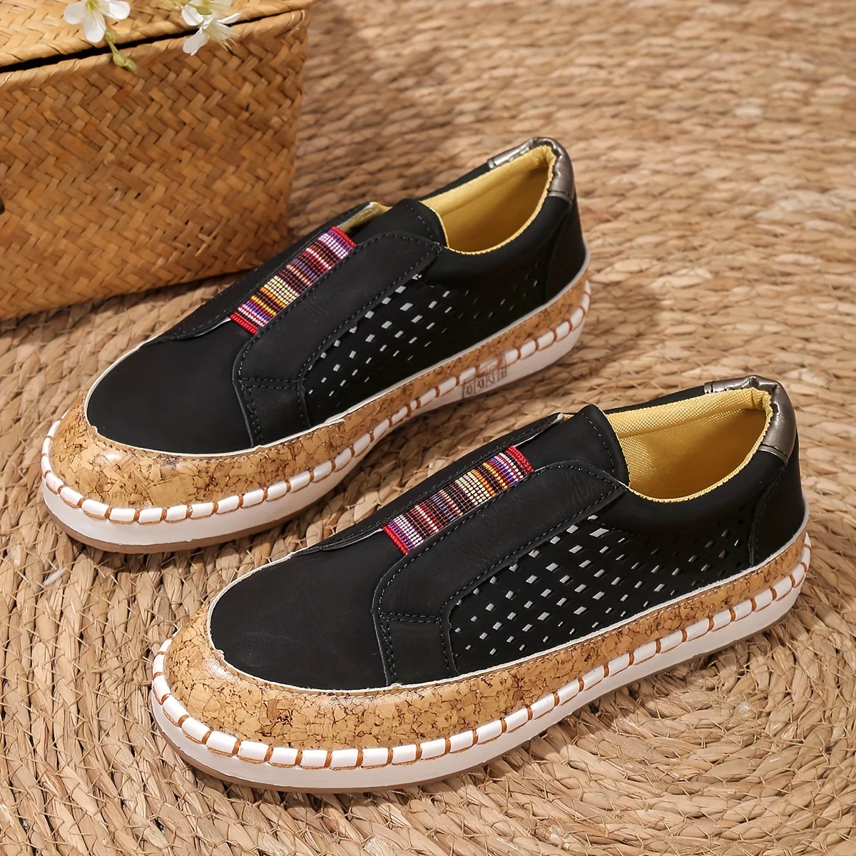Women's white loafers openwork pattern slip-on design with elastic insert breathable eco-leather comfort