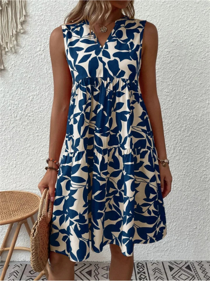 Floral printed tiered sleeveless dress with V-neck and gathered waist, women's boho style