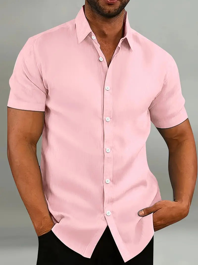 Men's casual short sleeve button-down shirt lightweight breathable fabric warm weather relaxed fit
