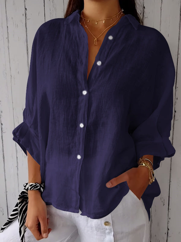 Unisex cotton linen casual shirt solid color long sleeve lapel collar breathable all-season relaxed fit