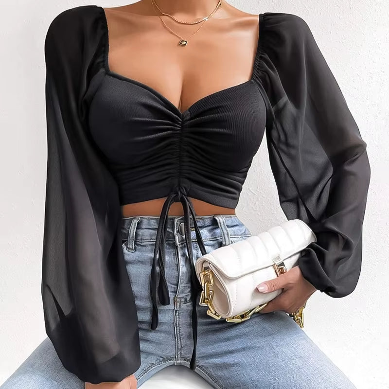 Women's cropped blouse soft cotton blend cinched ruched waist sheer sleeves flattering casual fit