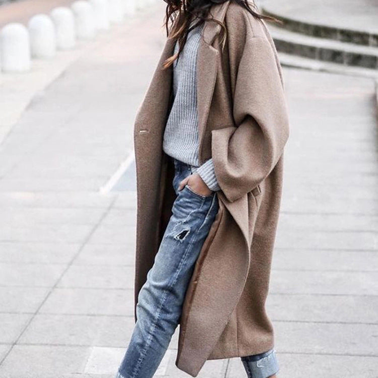 Women's elegant long polyester coat with lapel collar, pockets, single-breasted, timeless winter style