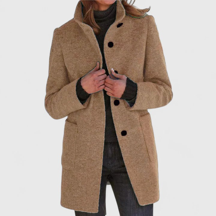 Aya women's mid-length structured coat in neutral tone, tailored silhouette for daily elegance