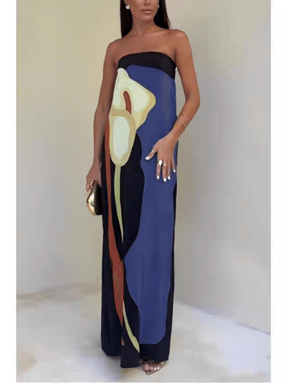 Women's strapless color block maxi dress with bold printed pattern, sleek silhouette for parties