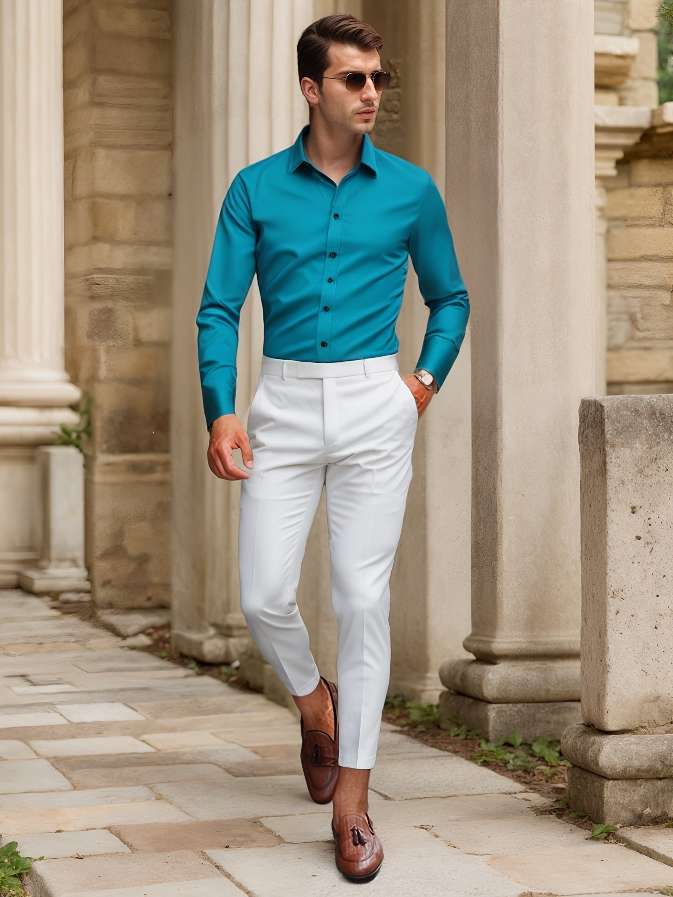 Men's slim fit stretch dress shirt solid color ultra-light breathable fabric all-season comfort