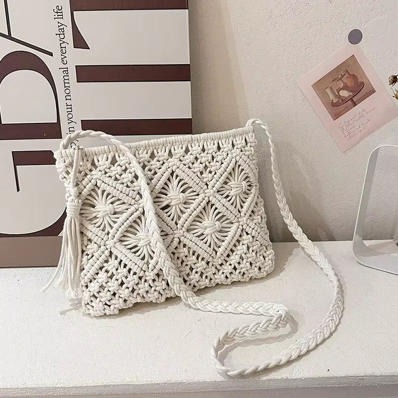 Hand-knotted rope crossbody bag with tassel strap, geometric artisan design, lightweight structured silhouette