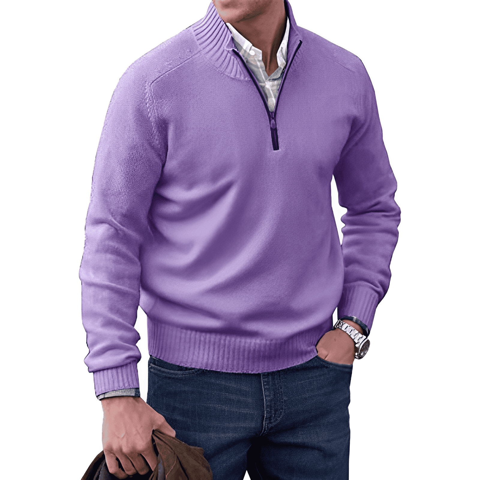 Men's half-zip knit sweater with long sleeves, classic ribbed collar, cuffs, and hem for layering