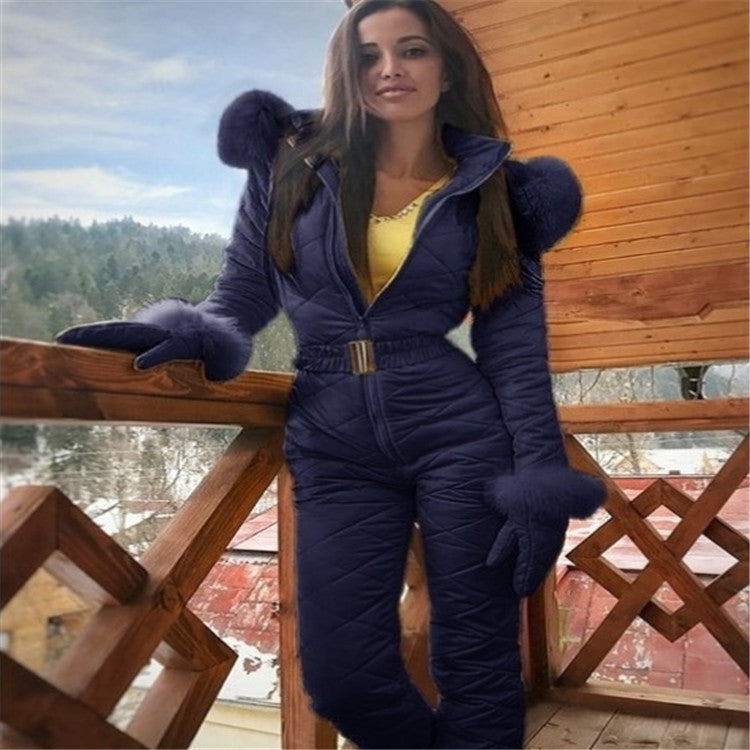 Women's white insulated ski suit tailored fit with elegant warm belt for winter slopes