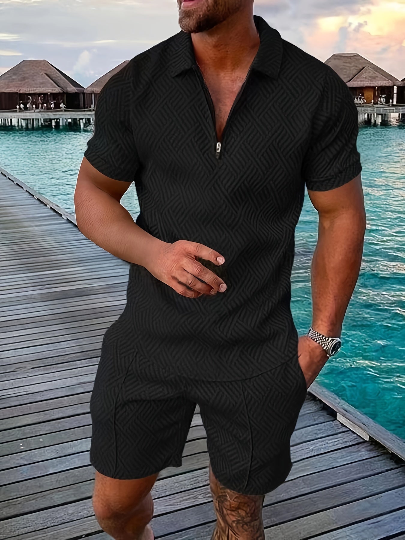 Men's geometric print cotton blend romper short sleeve one-piece with front zipper closure