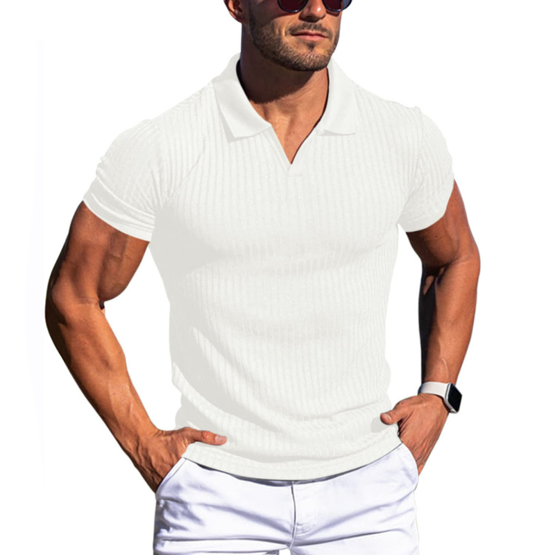 Men's slim-fit ribbed knit polo shirt in a premium tailored silhouette for versatile everyday wear