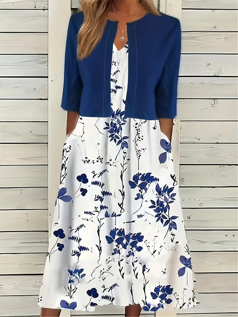 Floral two-piece set scoop neck dress and solid crop top elegant chic occasion outfit for women