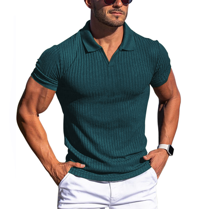 Men's slim-fit ribbed knit polo shirt in neutral tone with tailored silhouette for everyday wear