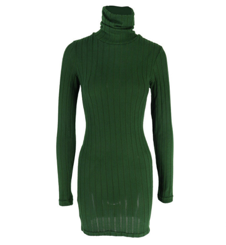Women's slim fit knit turtleneck dress sleek streetwear style with high collar design