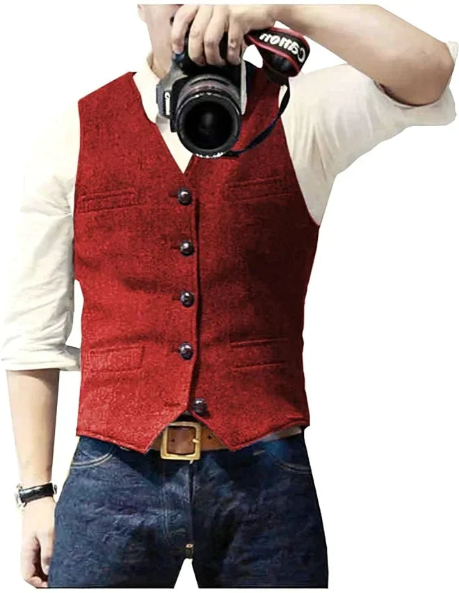 Men's blue denim blazer vest V-neck smart casual sleeveless layer for office and weekend