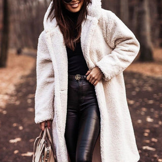 Women's beige plush faux fur longline winter coat with relaxed fit for casual outings