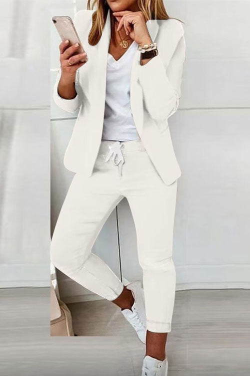 Women's cotton-blend blazer and elastic-waist trousers casual suit set in extended sizes up to 3XL