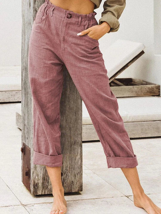 Women's premium linen trousers with rolled hem, breathable relaxed-fit pants for everyday style