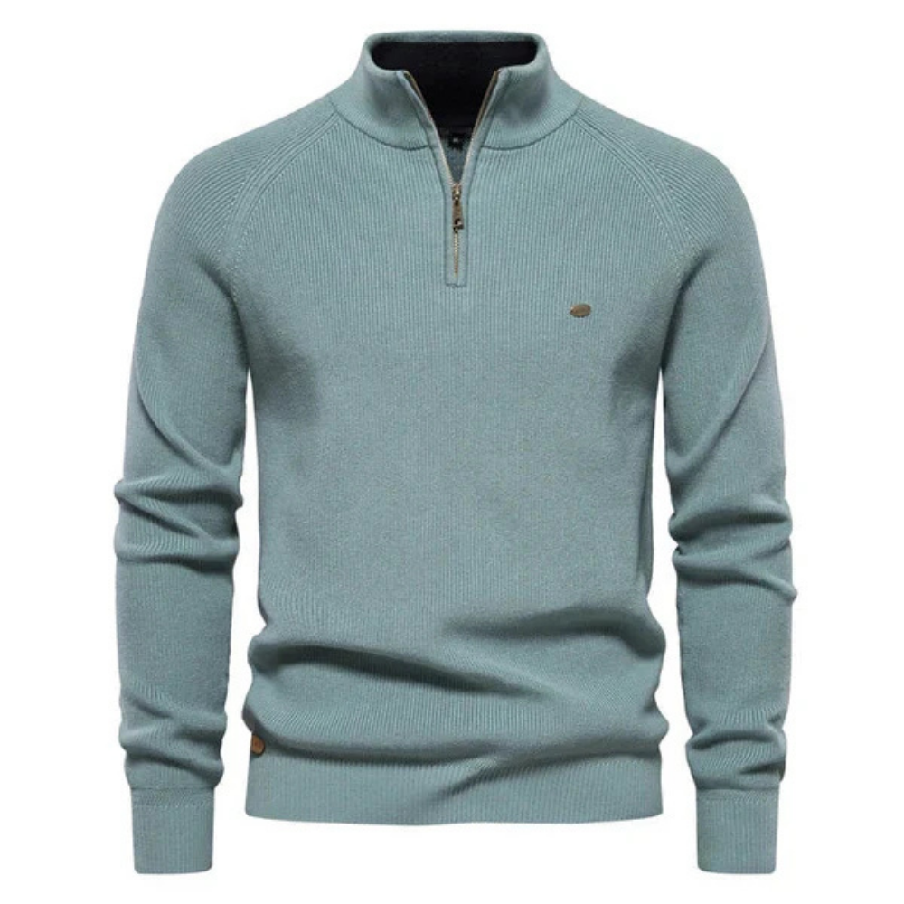 Men's cotton knit sweater navy blue classic crew neck breathable soft yarns flattering casual fit