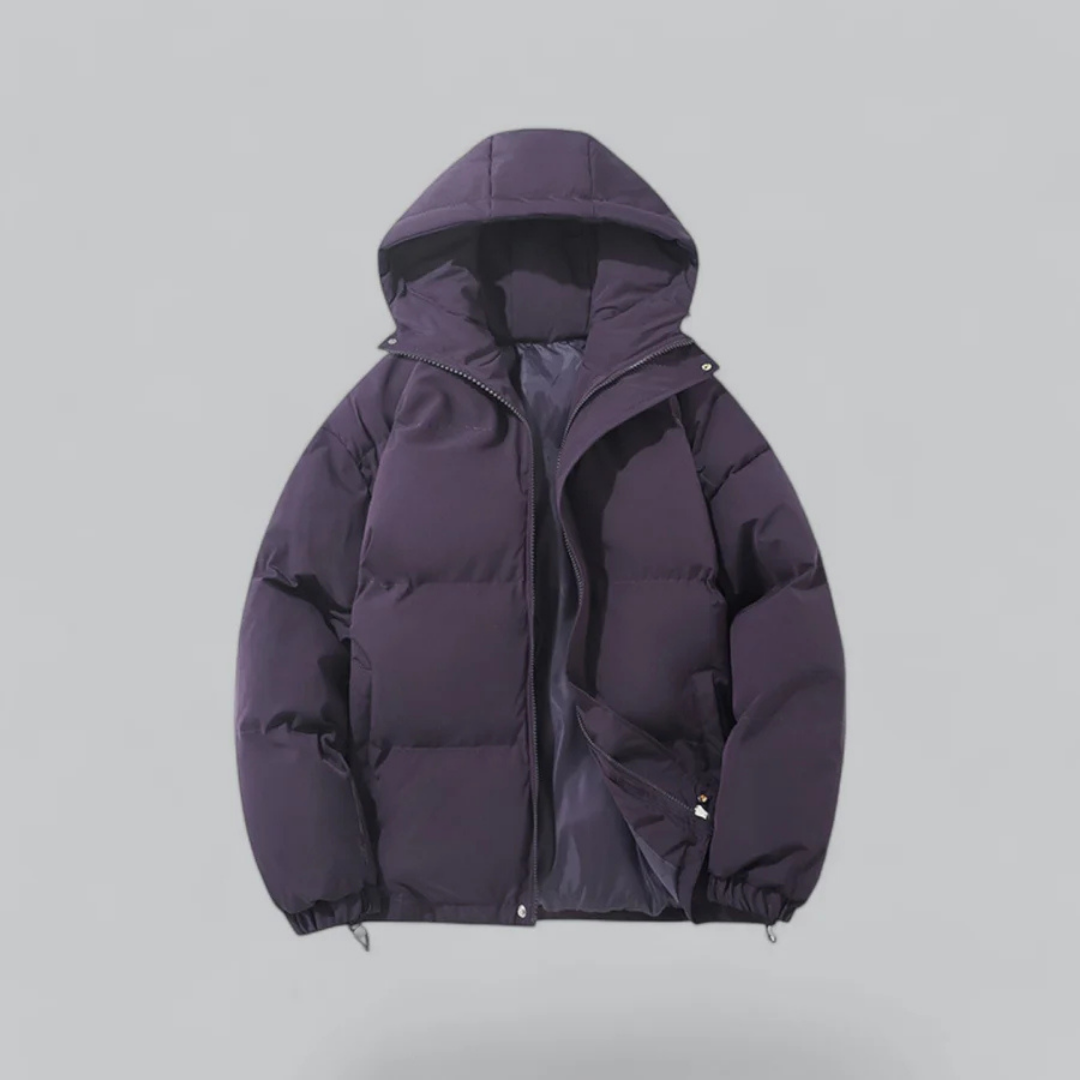 Unisex hooded puffer jacket in neutral tone, padded silhouette with urban modern style
