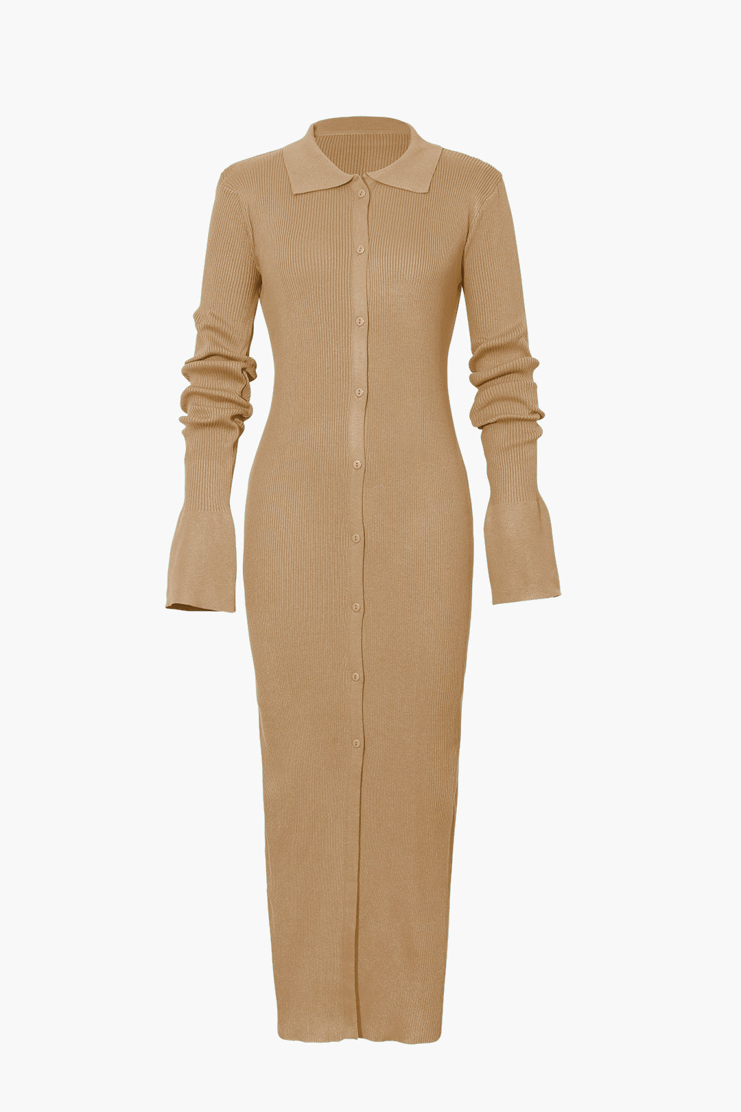 Women's ribbed knit maxi dress with structured collar, long sleeves, and button-front placket
