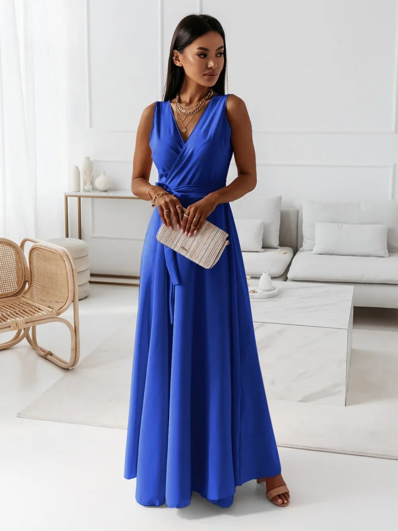Women's solid long dress with V-neck flowing silhouette in timeless elegant chic style