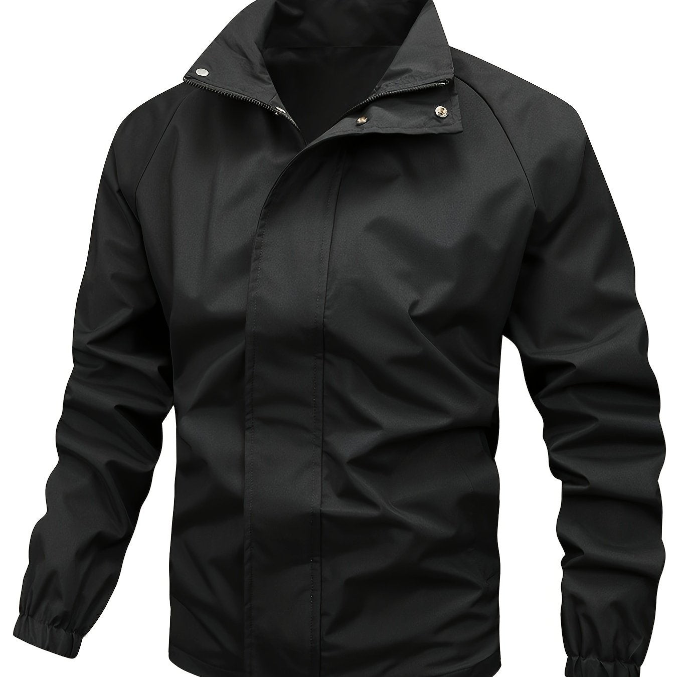 Black men's smart stand-up collar jacket regular fit solid polyester spring autumn layer